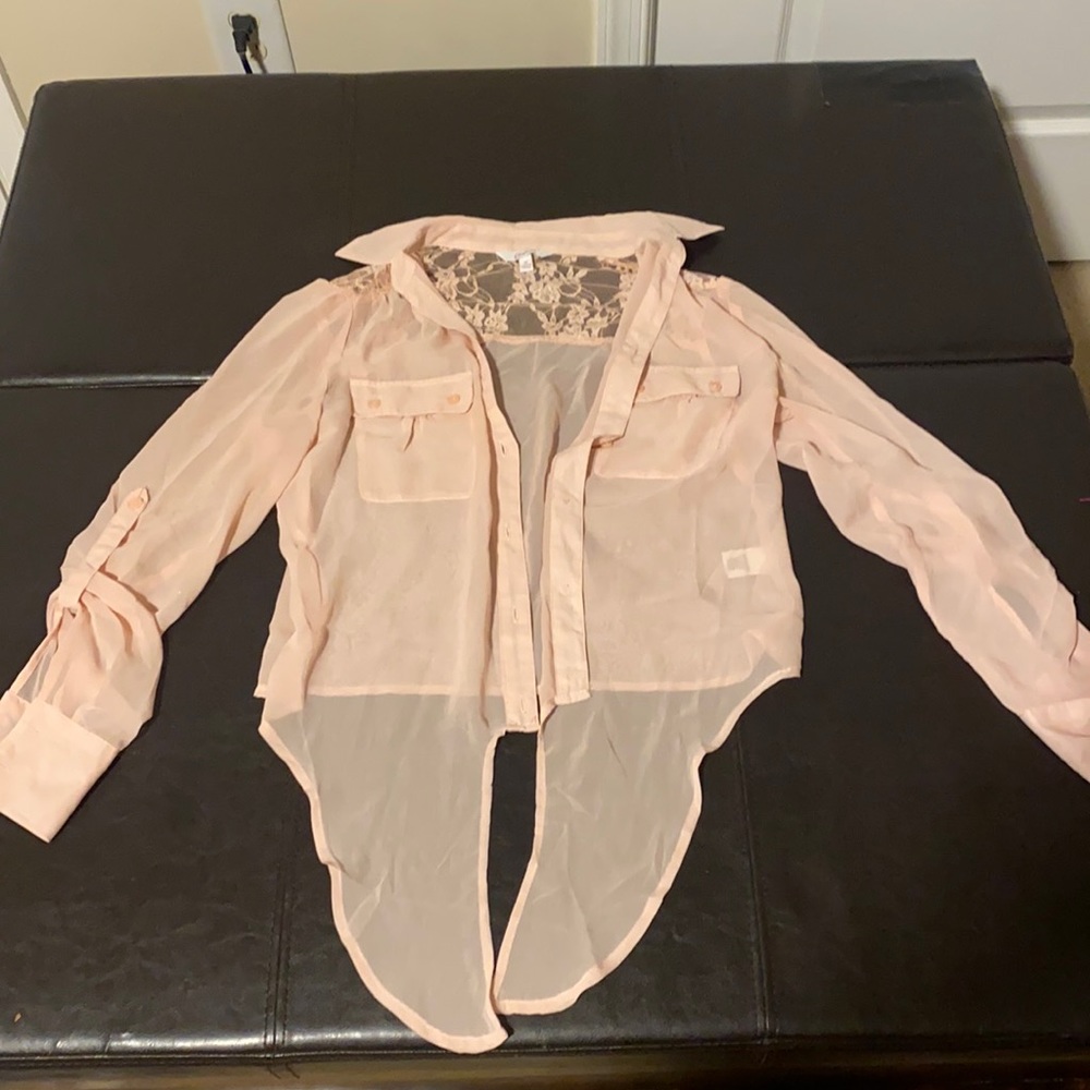 Button up, tie in front, lace pink sheer shirt